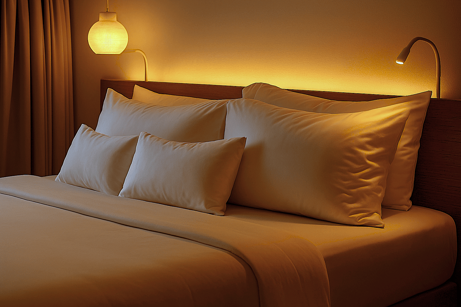 Imagem de cama aconchegante arrumada com vários travesseiros