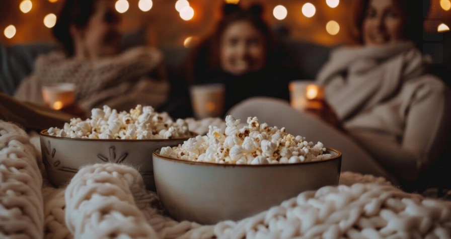 Jovens comendo pipoca embaixo das cobertas no sofá em um dia frio