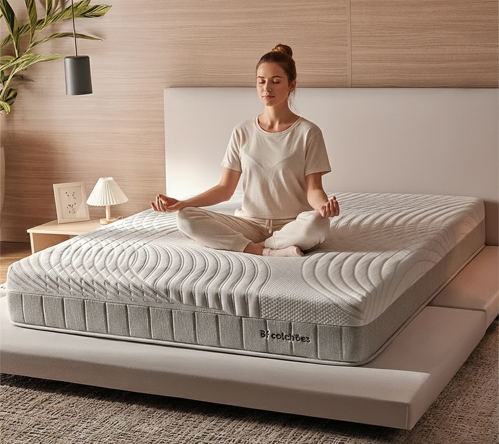 Mulher meditando em um colchão BF Antistress da BF Colchões, com tecnologia DeepZen de fios de carbono parar aliviar estresse e dormir bem