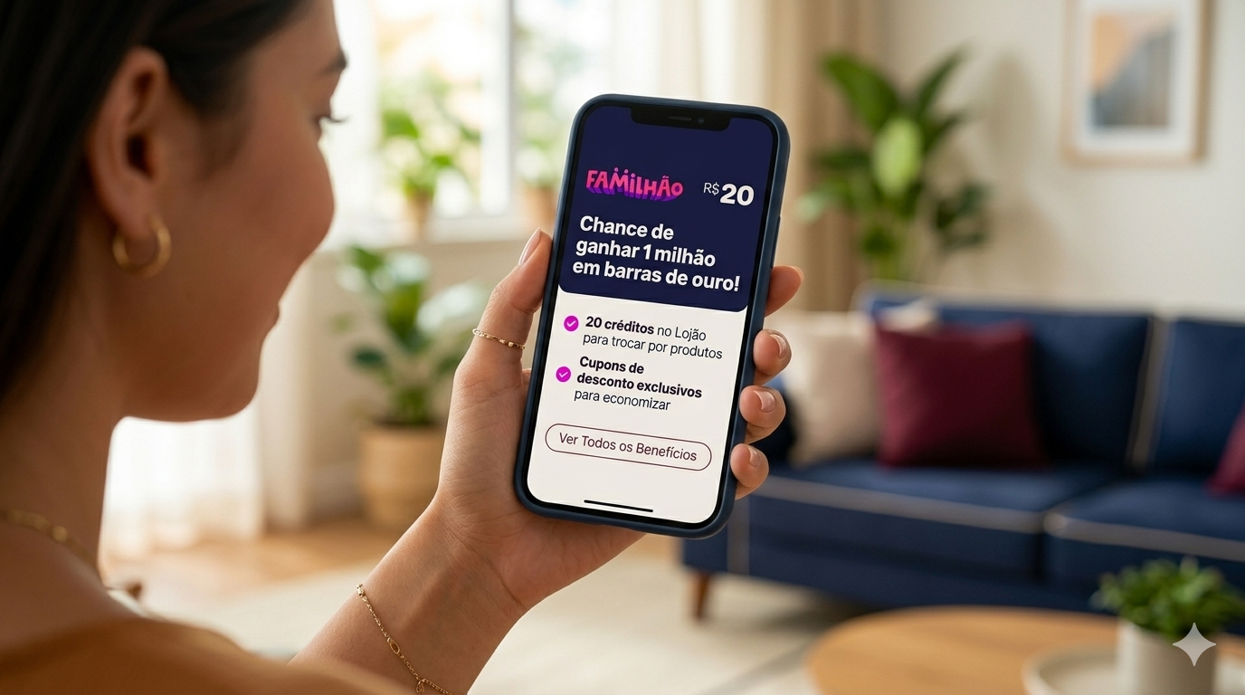 Mulher usando o app do Familhão