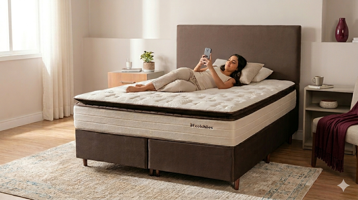 Mulher deitada em um colchão BF Sensation da BF Colchões enquanto navega no Familhão do Luciano Huck