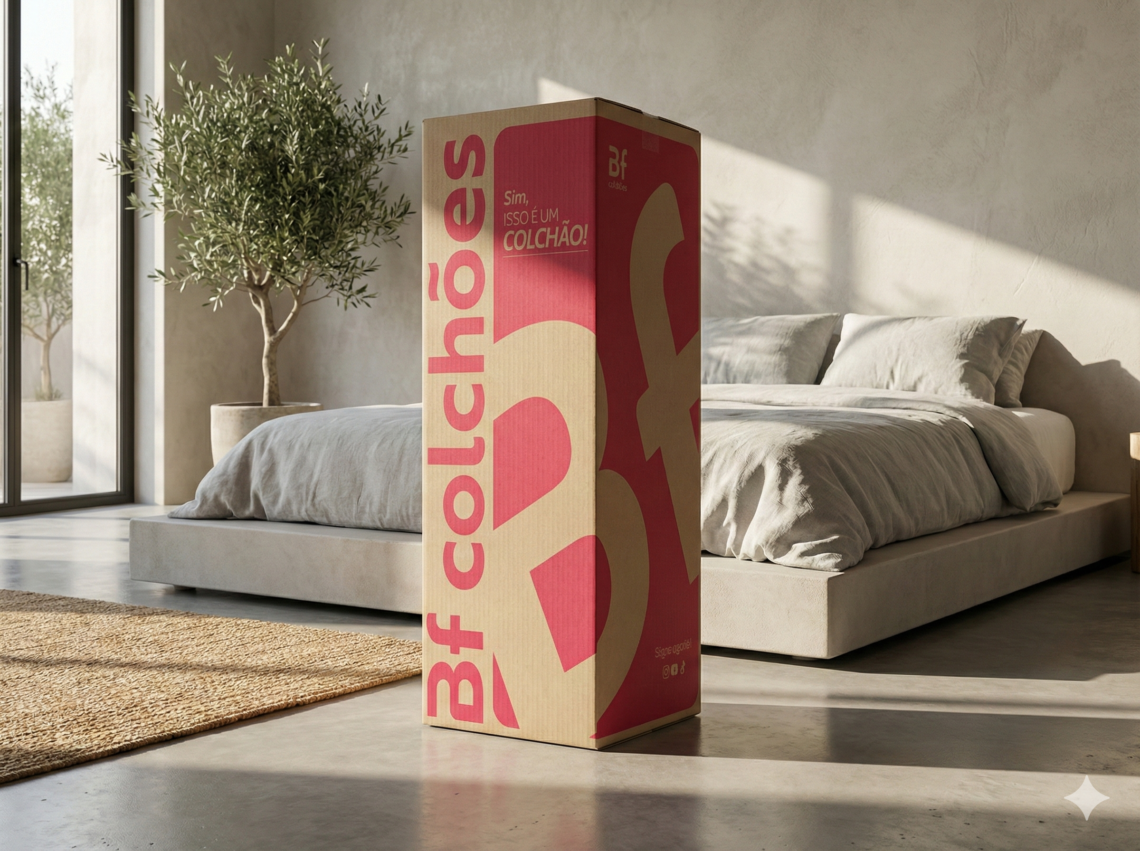 Colchão a vacuo, ainda dentro da caixa, em um quarto com luz natural.