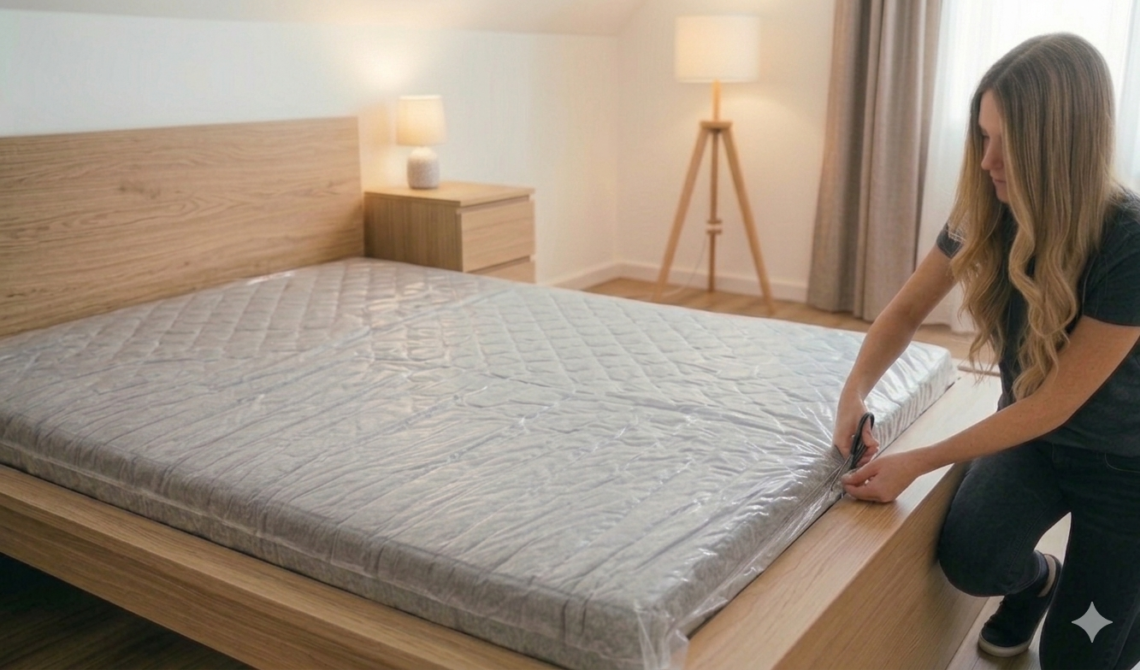 Mulher cortando o plástico do colchão a vácuo