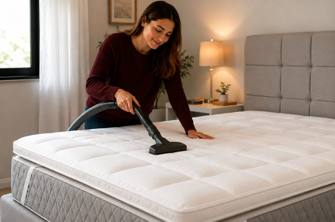 Mulher demonstrando como aspirar pillow top 